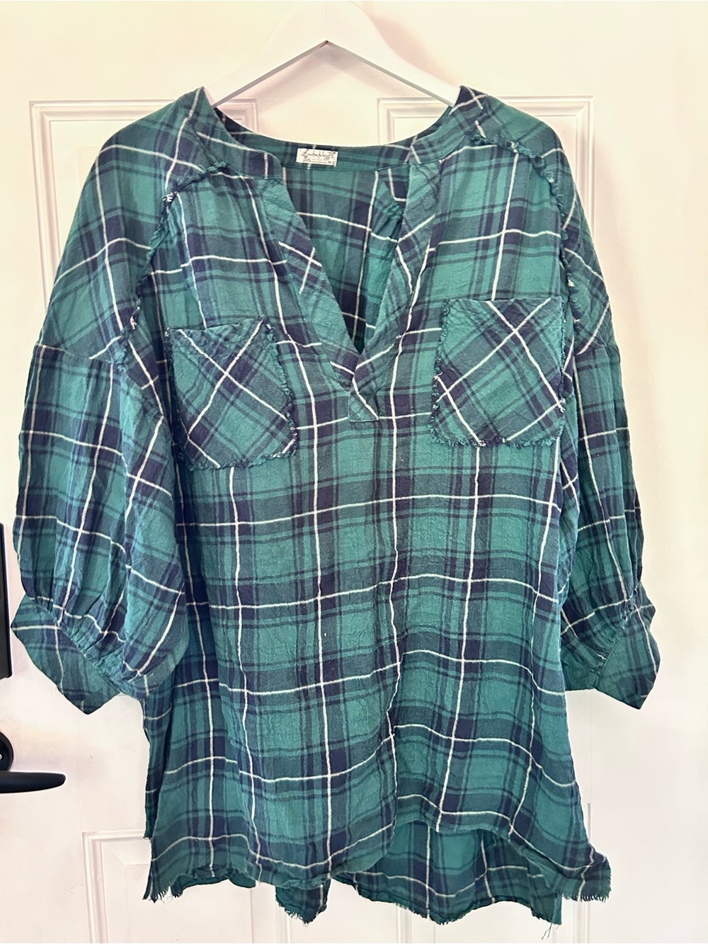 Free People Teal Plaid V-Neck Tunic Top